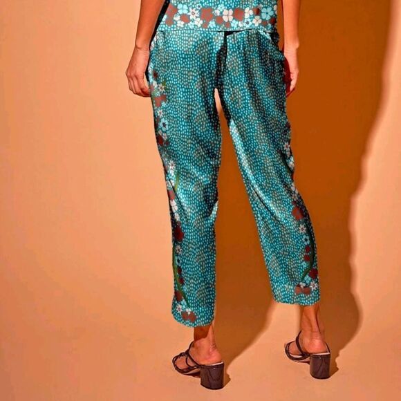Tucker Julia Pant Baroque Floral in Teal in Silk Stretch Charmeuse - Picture 2 of 2